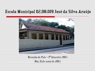 Escola Municipal 02.08.019 José da Silva Araújo

Reunião de Pais – 1º bimestre 2013
Rio, 11 de maio de 2013

 