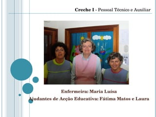 Enfermeira: Maria Luísa Ajudantes de Acção Educativa: Fátima Matos e Laura Creche I  - Pessoal Técnico e Auxiliar 