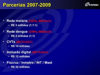 Parcerias 2007-2009

• Rede malária (CNPq, MS/Decit)
   – R$ 3 milhões (1:1:1)

• Rede dengue (CNPq, MS/Decit)
   – R$ 3 milhões (1:1)

• CVTs (MCT/LNCC)
   – R$ 14 milhões

• Inclusão digital (MCT/LNCC)
   – R$ 12 milhões

• Fiocruz / Inmetro / INT / Mast
   – R$ 32 milhões
 