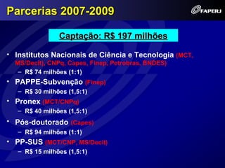 Parcerias 2007-2009

                Captação: R$ 197 milhões

• Institutos Nacionais de Ciência e Tecnologia (MCT,
  MS/Decit), CNPq, Capes, Finep, Petrobras, BNDES)
   – R$ 74 milhões (1:1)
• PAPPE-Subvenção (Finep)
   – R$ 30 milhões (1,5:1)
• Pronex (MCT/CNPq)
   – R$ 40 milhões (1,5:1)
• Pós-doutorado (Capes)
   – R$ 94 milhões (1:1)
• PP-SUS (MCT/CNP, MS/Decit)
   – R$ 15 milhões (1,5:1)
 
