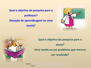 Qual o objetivo da pesquisa para o aluno? Uma tarefa ou um problema que merece ser resolvido? Imagem:  http://amdjer-cv.blogspot.com/2009_08_09_archive.html http:// umapessoazen.wordpress.com/2009/10/13/ Qual o objetivo da pesquisa para o professor? Situação de aprendizagem ou uma tarefa? 