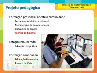 Projeto pedagógico

 Formação presencial aberta à comunidade
    • Ferramentas básicas e internet
    • Manutenção de computadores
    • Eletrônica de reparo
    • Telinha de Cinema


 Estágio remunerado
    • 04 meses de prática


 Formação continuada
    • Educação Financeira
    • Projeto de Vida
 