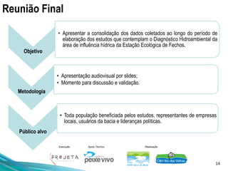 14
Execução Apoio Técnico Realização
Objetivo
• Apresentar a consolidação dos dados coletados ao longo do período de
elaboração dos estudos que contemplam o Diagnóstico Hidroambiental da
área de influência hídrica da Estação Ecológica de Fechos.
Metodologia
• Apresentação audiovisual por slides;
• Momento para discussão e validação.
Público alvo
• Toda população beneficiada pelos estudos, representantes de empresas
locais, usuários da bacia e lideranças políticas.
Reunião Final
 