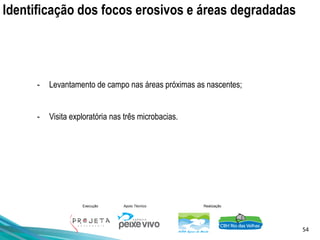54
Execução Apoio Técnico Realização
Identificação dos focos erosivos e áreas degradadas
- Levantamento de campo nas áreas próximas as nascentes;
- Visita exploratória nas três microbacias.
 