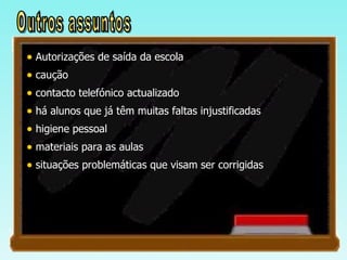 Autorizações de saída da escola caução contacto telefónico actualizado há alunos que já têm muitas faltas injustificadas  higiene pessoal materiais para as aulas situações problemáticas que visam ser corrigidas Outros assuntos 