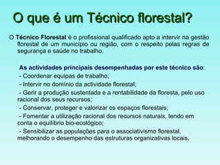 O que é um Técnico florestal? O  Técnico Florestal  é o profissional qualificado apto a intervir na gestão florestal de um município ou região, com o respeito pelas regras de segurança e saúde no trabalho.   As actividades principais desempenhadas por este técnico são : - Coordenar equipas de trabalho; - Intervir no domínio da actividade florestal; - Gerir a produção sustentada e a rentabilidade da floresta, pelo uso racional dos seus recursos; - Conservar, proteger e valorizar os espaços florestais; - Fomentar a utilização racional dos recursos naturais, tendo em conta o equilíbrio bio-ecológico; - Sensibilizar as populações para o associativismo florestal, melhorando o desempenho das estruturas organizativas locais. 