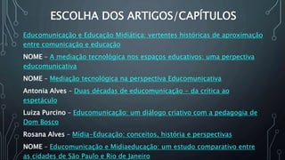 ESCOLHA DOS ARTIGOS/CAPÍTULOS
Educomunicação e Educação Midiática: vertentes históricas de aproximação
entre comunicação e educação
NOME – A mediação tecnológica nos espaços educativos: uma perpectiva
educomunicativa
NOME – Mediação tecnológica na perspectiva Educomunicativa
Antonia Alves – Duas décadas de educomunicação - da crítica ao
espetáculo
Luiza Purcino – Educomunicação: um diálogo criativo com a pedagogia de
Dom Bosco
Rosana Alves – Mídia-Educação: conceitos, história e perspectivas
NOME – Educomunicação e Midiaeducação: um estudo comparativo entre
as cidades de São Paulo e Rio de Janeiro
 