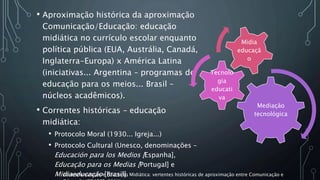 • Aproximação histórica da aproximação
Comunicação/Educação: educação
midiática no currículo escolar enquanto
política pública (EUA, Austrália, Canadá,
Inglaterra-Europa) x América Latina
(iniciativas... Argentina – programas de
educação para os meios... Brasil –
núcleos acadêmicos).
• Correntes históricas – educação
midiática:
• Protocolo Moral (1930... Igreja...)
• Protocolo Cultural (Unesco, denominações –
Educación para los Medios [Espanha],
Educação para os Medias [Portugal] e
Midiaeducação [Brasil].
Mediação
tecnológica
Tecnolo
gia
educati
va
Midia
educaçã
o
Educomunicação e Educação Midiática: vertentes históricas de aproximação entre Comunicação e
 