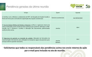 Pendência geradas da última reunião
O Que Quem Quando
1) Verificar com a Mislene o andamento do POP de Situações de Evasão Invasão e
Porte de Armas para conclusão da capacitação das equipes assistenciais.
Gestores assistenciais Até 09/03/2020
2) Uso do Celular (Política de Direitos e Deveres): verificar o regimento interno de
outras Instituições (como estudo de boas práticas) para posterior definição no NSP,
reunião com a Diretoria e Jurídico e alteração dos documentos padronizados
conforme dito acima.
Janaína
Abril
3) Segurança do paciente na transição de cuidado: Alteração do formulário de
movimentação intersetorial, para utilização no transporte seguro de pacientes para
serviços externo quando necessário.
Janaína
Barbara
Abril
* Solicitamos que todos os responsáveis das pendências acima nos envie retorno da ação
por e-mail para inclusão na ata de reunião.
 