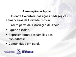 Associação de Apoio
Unidade Executora das ações pedagógicas
e financeiras da Unidade Escolar.
Fazem parte da Associação de Apoio:
• Equipe escolar;
• Representantes das famílias dos
estudantes;
• Comunidade em geral.
 