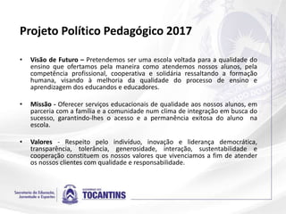 Projeto Político Pedagógico 2017
• Visão de Futuro – Pretendemos ser uma escola voltada para a qualidade do
ensino que ofertamos pela maneira como atendemos nossos alunos, pela
competência profissional, cooperativa e solidária ressaltando a formação
humana, visando à melhoria da qualidade do processo de ensino e
aprendizagem dos educandos e educadores.
• Missão - Oferecer serviços educacionais de qualidade aos nossos alunos, em
parceria com a família e a comunidade num clima de integração em busca do
sucesso, garantindo-lhes o acesso e a permanência exitosa do aluno na
escola.
• Valores - Respeito pelo indivíduo, inovação e liderança democrática,
transparência, tolerância, generosidade, interação, sustentabilidade e
cooperação constituem os nossos valores que vivenciamos a fim de atender
os nossos clientes com qualidade e responsabilidade.
 