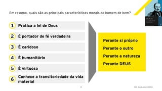 19 GECD - Reunião pública 21/09/2019
Pratica a lei de Deus
Em resumo, quais são as principais características morais do homem de bem?
1
É portador de fé verdadeira
É caridoso
É humanitário
É virtuoso
Conhece a transitoriedade da vida
material
2
3
4
5
6
Perante si próprio
Perante o outro
Perante a natureza
Perante DEUS
 