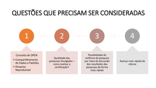 QUESTÕES QUE PRECISAM SER CONSIDERADAS
1
Conceito de OPEN
• Compartilhamento
de Dados e Padrões
• Pesquisa
Reprodutível
2
Qualidade das
pesquisas divulgadas –
como realizar a
certificação?
3
Possibilidade de
melhoria da pesquisa
por meio da discussão
dos resultados das
pesquisas de forma
mais rápida
4
Avanço mais rápido da
ciência
 