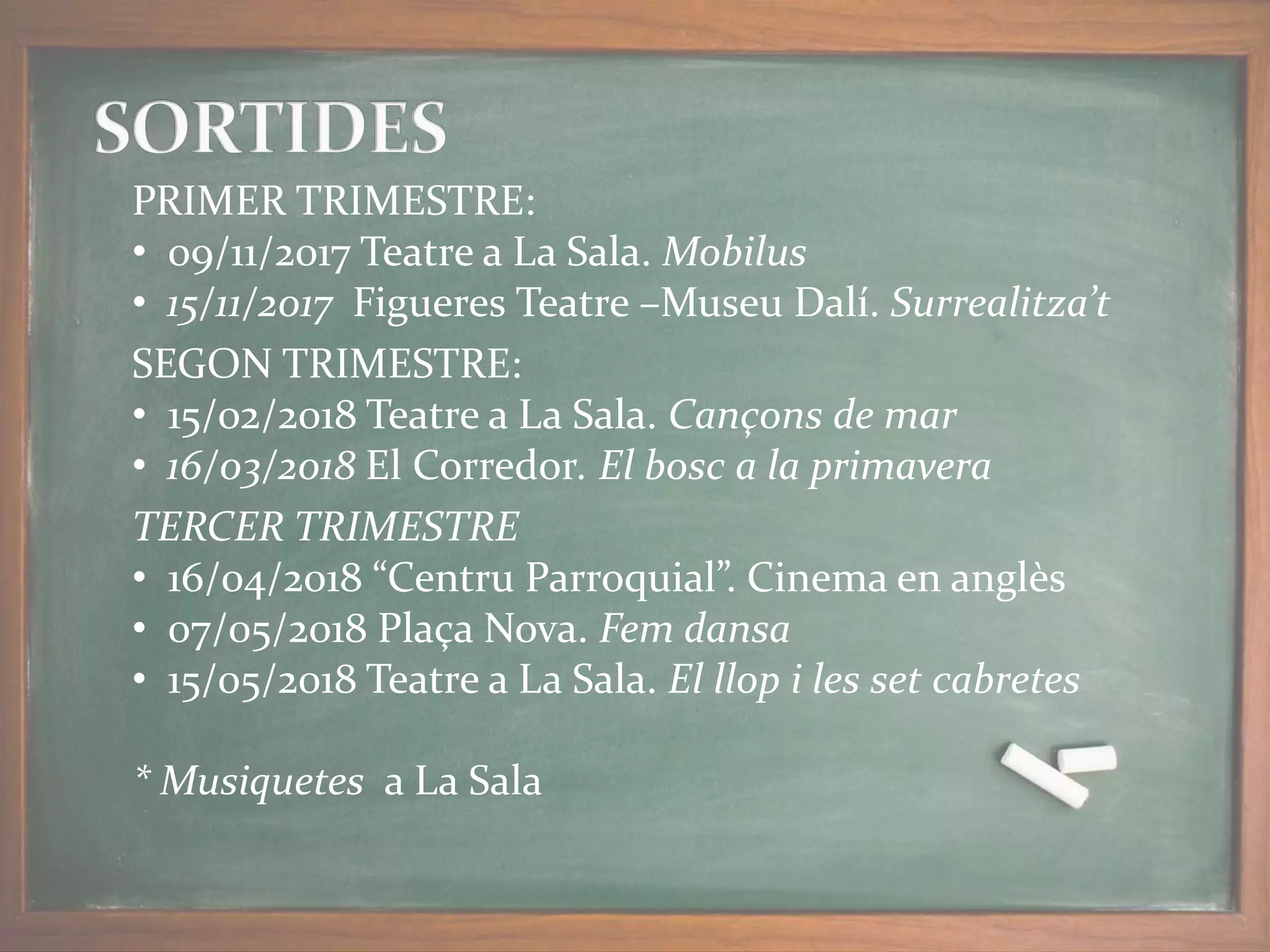 PRIMER TRIMESTRE:
• 09/11/2017 Teatre a La Sala. Mobilus
• 15/11/2017 Figueres Teatre –Museu Dalí. Surrealitza’t
SEGON TRIMESTRE:
• 15/02/2018 Teatre a La Sala. Cançons de mar
• 16/03/2018 El Corredor. El bosc a la primavera
TERCER TRIMESTRE
• 16/04/2018 “Centru Parroquial”. Cinema en anglès
• 07/05/2018 Plaça Nova. Fem dansa
• 15/05/2018 Teatre a La Sala. El llop i les set cabretes
* Musiquetes a La Sala
 