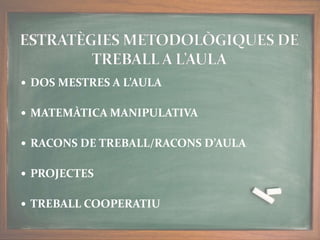  DOS MESTRES A L’AULA
 MATEMÀTICA MANIPULATIVA
 RACONS DE TREBALL/RACONS D’AULA
 PROJECTES
 TREBALL COOPERATIU
 