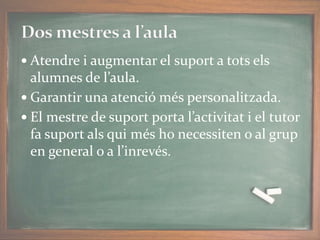  Atendre i augmentar el suport a tots els
alumnes de l’aula.
 Garantir una atenció més personalitzada.
 El mestre de suport porta l’activitat i el tutor
fa suport als qui més ho necessiten o al grup
en general o a l’inrevés.
 