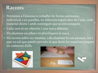 • Permeten a l’alumne/a treballar de forma autònoma,
individual o en parelles, en diferents espais dins de l’aula, amb
material divers i amb continguts que ja són coneguts.
• Cada racó té un objectiu i una tasca diferent.
• Els alumnes escullen i es planifiquen la tasca.
• Els racons solen ser rotatius, i els alumnes hi van passant, tot i
que no cal que passin per tots ni que facin les mateixes tasques
en cadascun d’ells.
 