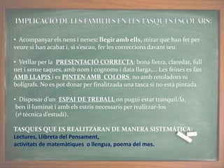 • Acompanyar els nens i nenes: llegir amb ells, mirar què han fet per
veure si han acabat i, si s’escau, fer les correccions davant seu.
• Vetllar per la PRESENTACIÓ CORRECTA: bona lletra, claredat, full
net i sense taques, amb nom i cognoms i data llarga,... Les feines es fan
AMB LLAPIS i es PINTEN AMB COLORS, no amb retoladors ni
bolígrafs. No es pot donar per finalitzada una tasca si no està pintada.
• Disposar d’un ESPAI DE TREBALL on pugui estar tranquil/la,
ben il·luminat i amb els estris necessaris per realitzar-los
(1ª tècnica d’estudi).
TASQUES QUE ES REALITZARAN DE MANERA SISTEMÀTICA:
Lectures, Llibreta del Pensament,
activitats de matemàtiques o llengua, poema del mes.
 