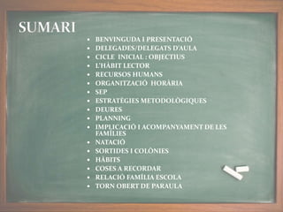  BENVINGUDA I PRESENTACIÓ
 DELEGADES/DELEGATS D’AULA
 CICLE INICIAL : OBJECTIUS
 L’HÀBIT LECTOR
 RECURSOS HUMANS
 ORGANITZACIÓ HORÀRIA
 SEP
 ESTRATÈGIES METODOLÒGIQUES
 DEURES
 PLANNING
 IMPLICACIÓ I ACOMPANYAMENT DE LES
FAMÍLIES
 NATACIÓ
 SORTIDES I COLÒNIES
 HÀBITS
 COSES A RECORDAR
 RELACIÓ FAMÍLIA ESCOLA
 TORN OBERT DE PARAULA
 