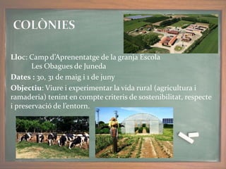 Lloc: Camp d’Aprenentatge de la granja Escola
Les Obagues de Juneda
Dates : 30, 31 de maig i 1 de juny
Objectiu: Viure i experimentar la vida rural (agricultura i
ramaderia) tenint en compte criteris de sostenibilitat, respecte
i preservació de l’entorn.
.
 