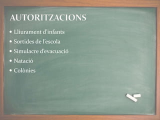  Lliurament d’infants
 Sortides de l’escola
 Simulacre d’evacuació
 Natació
 Colònies
 