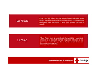 La Missió
La Visió
“Ser-hi cada cop més a prop de les persones vulnerables en
els àmbits nacional i internacional, mitjançant accions
integrades, realitzades per voluntariat i amb una amplia
participació socia”.
Estar cada cop més a prop de les persones vulnerables en els
àmbits nacional i internacional, mitjançant accions integrades,
realitzades per voluntariat i amb una amplia participació
social”.
“Creu Roja, com a organització humanitària i voluntària
arrelada a la societat, donarà respostes integrals a les
persones vulnerables, des d’una perspectiva de
desenvolupament humà.
 
