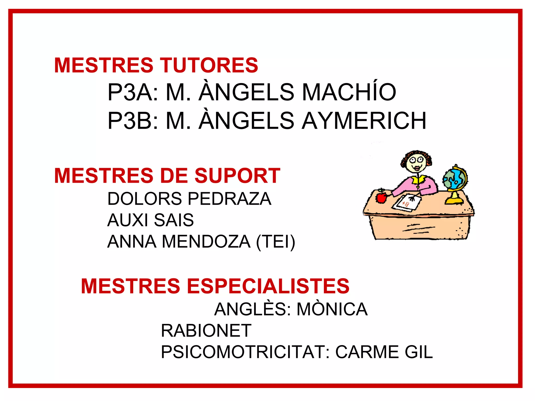 MESTRES TUTORES P3A: M. ÀNGELS MACHÍO P3B: M. ÀNGELS AYMERICH MESTRES DE SUPORT DOLORS PEDRAZA AUXI SAIS ANNA MENDOZA (TEI) MESTRES ESPECIALISTES ANGLÈS: MÒNICA RABIONET PSICOMOTRICITAT: CARME GIL 