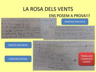 LA ROSA DELS VENTS
ENS POSEM A PROVA!!!
DIMENSIÓ REFLEXIVA
PROCÈS INSIVIDUAL
CONVERSA ÍNTIMA
TREBALLEM
L’EXPRESSIÓ
ESCRITA
 