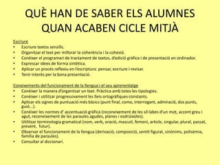 QUÈ HAN DE SABER ELS ALUMNES
QUAN ACABEN CICLE MITJÀ
Escriure
• Escriure textos senzills.
• Organitzar el text per millorar la coherència i la cohesió.
• Conèixer el programari de tractament de textos, d’edició gràfica i de presentació en ordinador.
• Expressar idees de forma sintètica.
• Aplicar un procés reflexiu en l’escriptura: pensar, escriure i revisar.
• Tenir interès per la bona presentació.
Coneixements del funcionament de la llengua i el seu aprenentatge
• Conèixer la manera d’organitzar un text. Pràctica amb totes les tipologies.
• Conèixer i utilitzar progressivament les lleis ortogràfiques constants.
• Aplicar els signes de puntuació més bàsics (punt final, coma, interrogant, admiració, dos punts,
guió...).
• Conèixer les normes d’ accentuació gràfica (reconeixement de les síl·labes d’un mot, accent greu i
agut, reconeixement de les paraules agudes, planes i esdrúixoles).
• Utilitzar terminologia gramatical (nom, verb, oració, masculí, femení, article, singular, plural, passat,
present, futur).
• Observar el funcionament de la llengua (derivació, composició, sentit figurat, sinònims, polisèmia,
família de paraules).
• Consultar al diccionari.
 