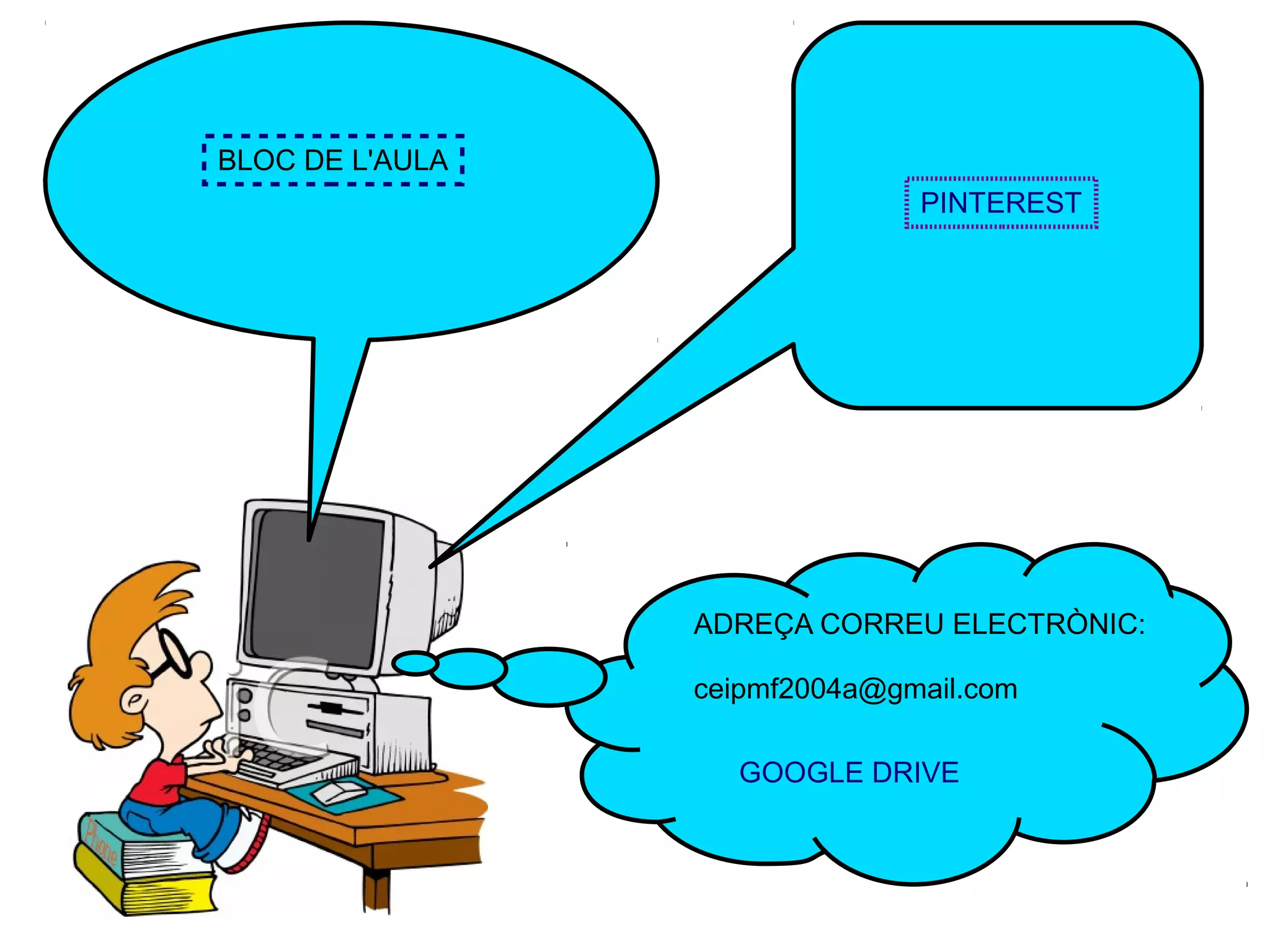 Noves tecnologies.
BLOC DE L'AULA
PINTEREST

ADREÇA CORREU ELECTRÒNIC:
ceipmf2004a@gmail.com
GOOGLE DRIVE

 
