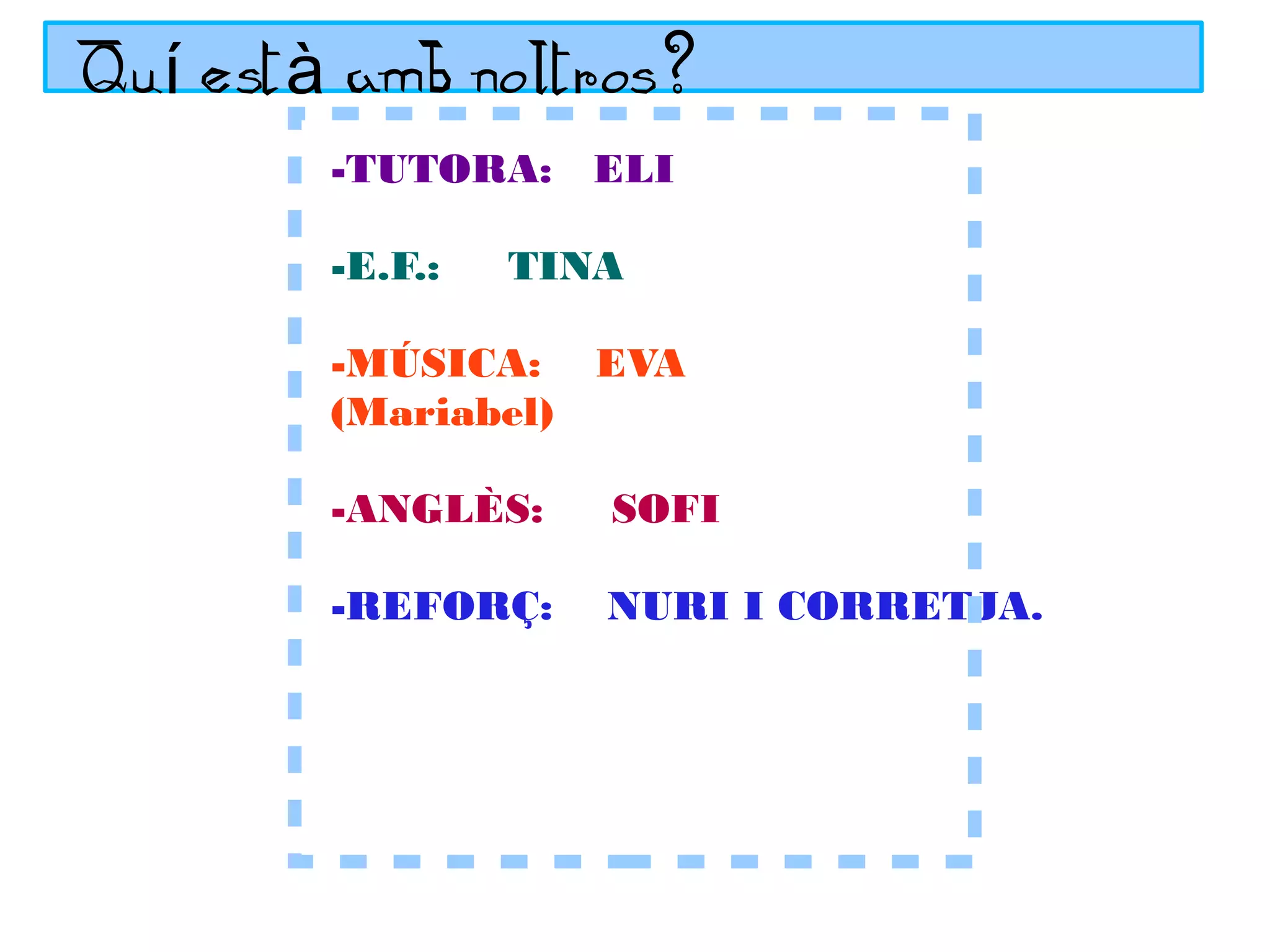 Quí està amb noltros?
-TUTORA: ELI
-E.F.:

TINA

-MÚSICA:
(Mariabel)

EVA

-ANGLÈS:

SOFI

-REFORÇ:

NURI I CORRETJA.

 