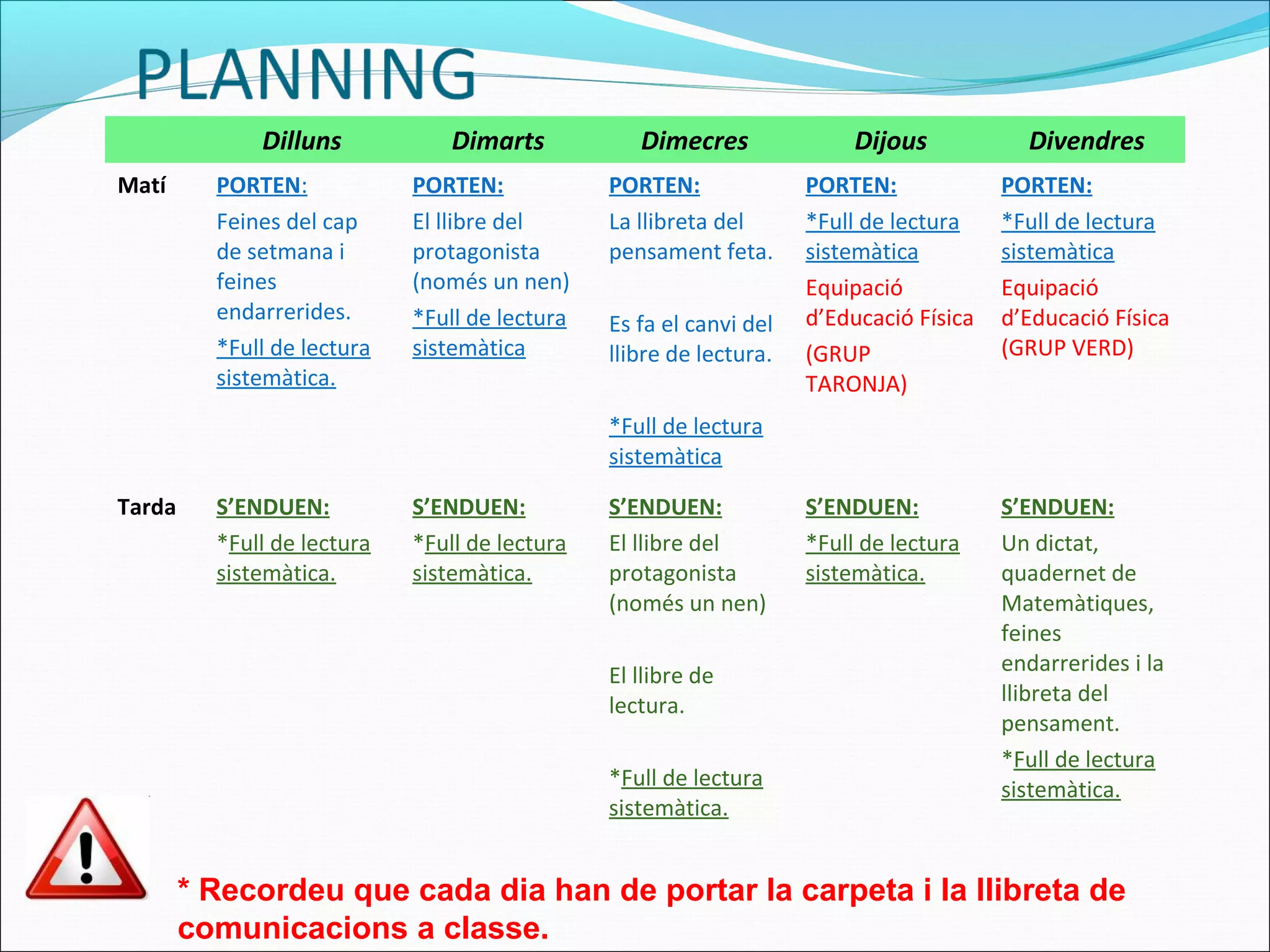 Dilluns Dimarts Dimecres Dijous Divendres
Matí PORTEN:
Feines del cap
de setmana i
feines
endarrerides.
*Full de lectura
sistemàtica.
PORTEN:
El llibre del
protagonista
(només un nen)
*Full de lectura
sistemàtica
PORTEN:
La llibreta del
pensament feta.
Es fa el canvi del
llibre de lectura.
*Full de lectura
sistemàtica
PORTEN:
*Full de lectura
sistemàtica
Equipació
d’Educació Física
(GRUP
TARONJA)
PORTEN:
*Full de lectura
sistemàtica
Equipació
d’Educació Física
(GRUP VERD)
Tarda S’ENDUEN:
*Full de lectura
sistemàtica.
S’ENDUEN:
*Full de lectura
sistemàtica.
S’ENDUEN:
El llibre del
protagonista
(només un nen)
El llibre de
lectura.
*Full de lectura
sistemàtica.
S’ENDUEN:
*Full de lectura
sistemàtica.
S’ENDUEN:
Un dictat,
quadernet de
Matemàtiques,
feines
endarrerides i la
llibreta del
pensament.
*Full de lectura
sistemàtica.
* Recordeu que cada dia han de portar la carpeta i la llibreta de
comunicacions a classe.
 