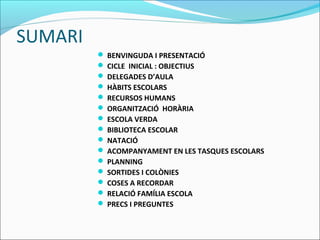 SUMARI
 BENVINGUDA I PRESENTACIÓ
 CICLE INICIAL : OBJECTIUS
 DELEGADES D’AULA
 HÀBITS ESCOLARS
 RECURSOS HUMANS
 ORG...