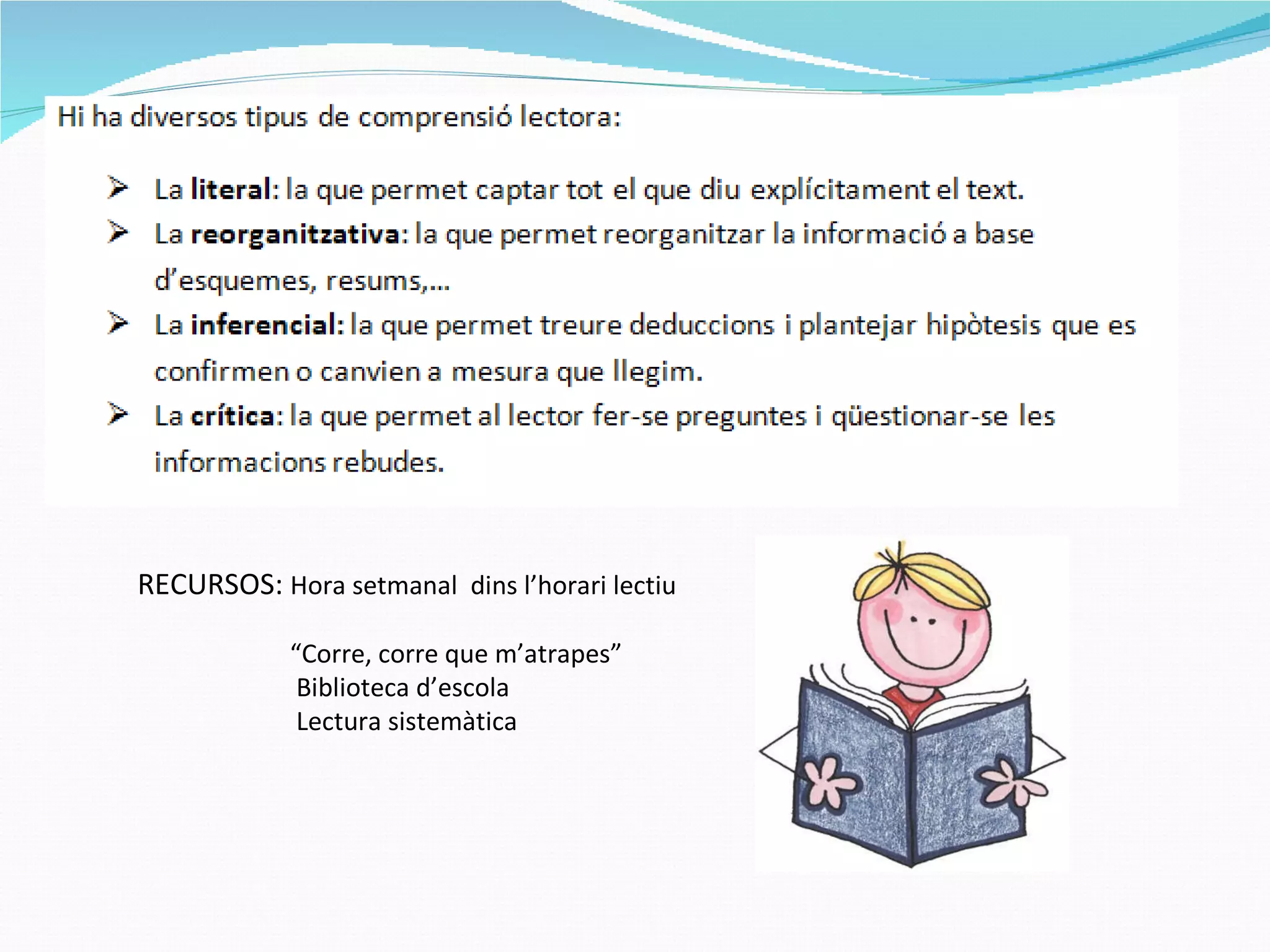 RECURSOS:  Hora setmanal  dins l’horari lectiu  “ Corre, corre que m’atrapes” Biblioteca d’escola Lectura sistemàtica 