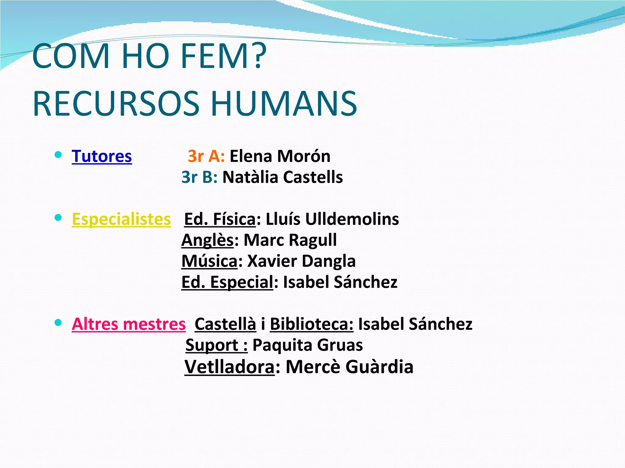COM HO FEM? RECURSOS HUMANS Tutores   3r A:   Elena Morón 3r B:  Natàlia Castells Especialistes   Ed. Física : Lluís Ulldemolins Anglès : Marc Ragull Música : Xavier Dangla Ed. Especial : Isabel Sánchez Altres mestres   Castellà  i  Biblioteca:  Isabel Sánchez Suport :  Paquita Gruas Vetlladora : Mercè Guàrdia 