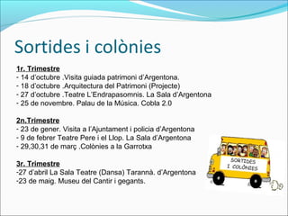 1r. Trimestre
- 14 d’octubre .Visita guiada patrimoni d’Argentona.
- 18 d’octubre .Arquitectura del Patrimoni (Projecte)
- 27 d’octubre .Teatre L’Endrapasomnis. La Sala d’Argentona
- 25 de novembre. Palau de la Música. Cobla 2.0
2n.Trimestre
- 23 de gener. Visita a l’Ajuntament i policia d’Argentona
- 9 de febrer Teatre Pere i el Llop. La Sala d’Argentona
- 29,30,31 de març .Colònies a la Garrotxa
3r. Trimestre
-27 d’abril La Sala Teatre (Dansa) Tarannà. d’Argentona
-23 de maig. Museu del Cantir i gegants.
 