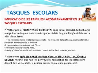 TASQUES ESCOLARS
IMPLICACIÓ DE LES FAMÍLIES I ACOMPANYAMENT EN LES
TASQUES ESCOLARS:
 Vetllar per la PRESENTACIÓ CORRECTA: bona lletra, claredat, full net, amb
marge i sense taques, amb nom i cognoms i data llarga a llengües i data curta
a les altres àrees.
*Els encapçalaments, la còpia dels enunciats i els títols amb bolígraf negre. Els títols també es
subratllen amb el color de la matèria.
Resseguim els marges del color de l’àrea.
Contestem els exercicis amb llapis.
El bolígraf blau s’introduirà més endavant i substituirà al llapis en coses puntuals.
 Demanem QUE ELS PARES I MARES VETLLIN EN LA REALITZACIÓ DELSDELS
DEURESDEURES: mirar el que han fet, per veure si han acabat, fer les correccions
davant dels vostres fills, si s’escau i mirar com està la presentació.
 