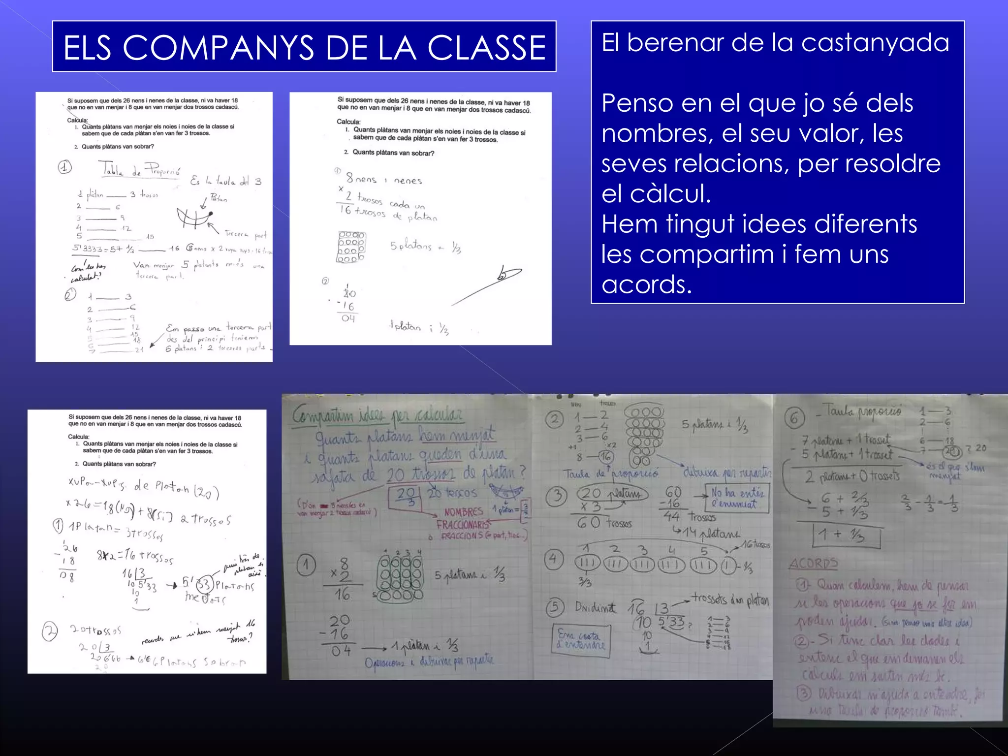 ELS COMPANYS DE LA CLASSE   El berenar de la castanyada

                            Penso en el que jo sé dels
                            nombres, el seu valor, les
                            seves relacions, per resoldre
                            el càlcul.
                            Hem tingut idees diferents
                            les compartim i fem uns
                            acords.
 