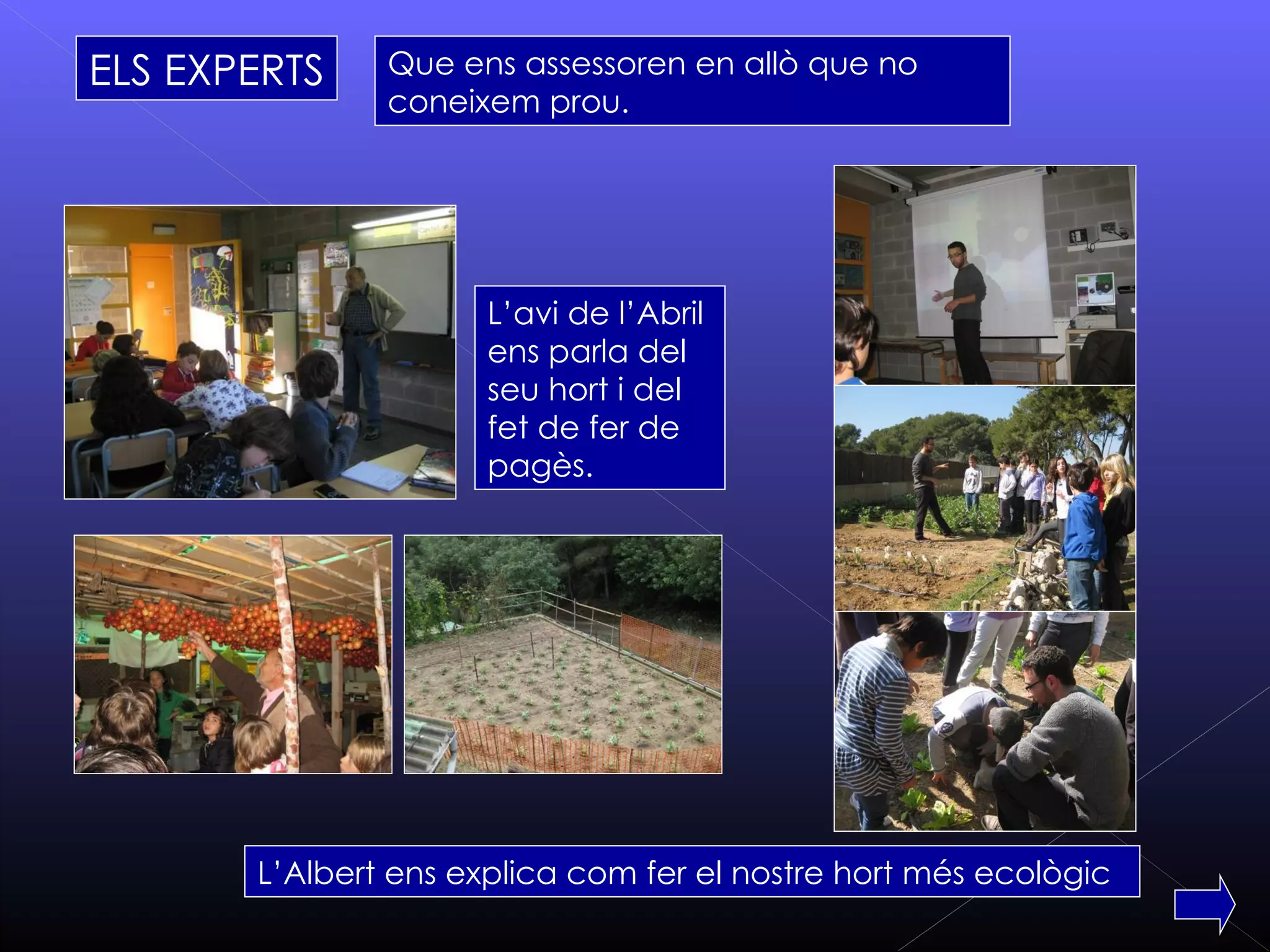 ELS EXPERTS    Que ens assessoren en allò que no
               coneixem prou.




                      L’avi de l’Abril
                      ens parla del
                      seu hort i del
                      fet de fer de
                      pagès.




       L’Albert ens explica com fer el nostre hort més ecològic
 