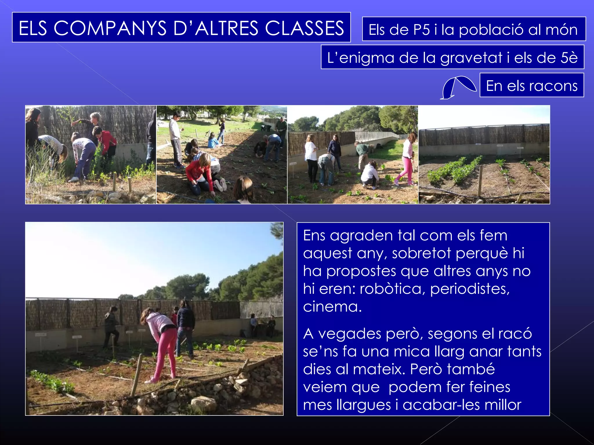 ELS COMPANYS D’ALTRES CLASSES     Els de P5 i la població al món
                            L’enigma de la gravetat i els de 5è
                                                   En els racons




                         Ens agraden tal com els fem
                         aquest any, sobretot perquè hi
                         ha propostes que altres anys no
                         hi eren: robòtica, periodistes,
                         cinema.
                         A vegades però, segons el racó
                         se’ns fa una mica llarg anar tants
                         dies al mateix. Però també
                         veiem que podem fer feines
                         mes llargues i acabar-les millor
 