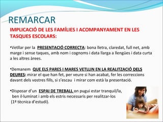 REMARCAR
IMPLICACIÓ DE LES FAMÍLIES I ACOMPANYAMENT EN LES
TASQUES ESCOLARS:
•Vetllar per la PRESENTACIÓ CORRECTA: bona lletra, claredat, full net, amb
marge i sense taques, amb nom i cognoms i data llarga a llengües i data curta
a les altres àrees.

•Demanem QUE ELS PARES I MARES VETLLIN EN LA REALITZACIÓ DELS
DEURES: mirar el que han fet, per veure si han acabat, fer les correccions
DEURES
davant dels vostres fills, si s’escau i mirar com està la presentació.

•Disposar d’un ESPAI DE TREBALL on pugui estar tranquil/la,
  ben il·luminat i amb els estris necessaris per realitzar-los
 (1ª tècnica d’estudi).
 