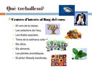 Què treballem?
Centres d’interès al llarg del curs:
• El nom de la classe.
• Les estacions de l’any.
• Les festes populars.
• Tema de la setmana cultural.
• Els oficis.
• Els aliments.
• Les plantes aromàtiques.
• El pintor Wassily kandinsky.
 
