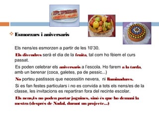 Esmorzars i aniversaris
Els nens/es esmorzen a partir de les 10’30.
Els divendres serà el dia de la fruita, tal com ho fèiem el curs
passat.  
Es poden celebrar els aniversaris a l’escola. Ho farem a la tarda,
amb un berenar (coca, galetes, pa de pessic...)
No porteu pastissos que necessitin nevera, ni llaminadures.
Si es fan festes particulars i no es convida a tots els nens/es de la
classe, les invitacions es repartiran fora del recinte escolar.
Els nens/es no poden portarjoguines, sinó és que ho demani la
mestra (després de Nadal, durant un projecte...)
 