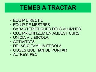 TEMES A TRACTAR EQUIP DIRECTIU EQUIP DE MESTRES CARACTERÍSTIQUES DELS ALUMNES QUÈ PRIORITZEM EN AQUEST CURS UN DIA A L’ESCOLA ACTIVITATS RELACIÓ FAMÍLIA-ESCOLA COSES QUE HAN DE PORTAR ALTRES: PEC 