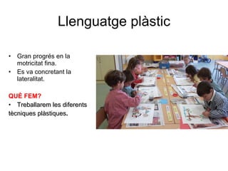 Llenguatge plàstic Gran progrés en la motricitat fina. Es va concretant la lateralitat. QUÈ FEM? Treballarem les diferents tècniques plàstiques . 