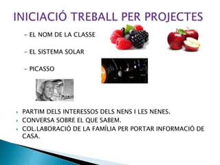 - EL NOM DE LA CLASSE
- EL SISTEMA SOLAR
- PICASSO
 PARTIM DELS INTERESSOS DELS NENS I LES NENES.
 CONVERSA SOBRE EL QUE SABEM.
 COL.LABORACIÓ DE LA FAMÍLIA PER PORTAR INFORMACIÓ DE
CASA.
 