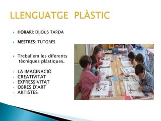  HORARI: DIJOUS TARDA
 MESTRES: TUTORES
 Treballem les diferents
tècniques plàstiques.
• LA IMAGINACIÓ
• CREATIVITAT
• EXPRESSIVITAT
• OBRES D’ART
• ARTISTES
 