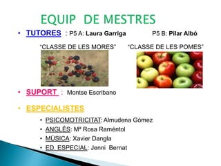 • TUTORES : P5 A: Laura Garriga P5 B: Pilar Albó
“CLASSE DE LES MORES” “CLASSE DE LES POMES”
• SUPORT : Montse Escribano
• ESPECIALISTES
• PSICOMOTRICITAT: Almudena Gómez
• ANGLÈS: Mª Rosa Raméntol
• MÚSICA: Xavier Dangla
• ED. ESPECIAL: Jenni Bernat
 