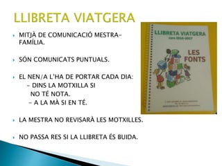  MITJÀ DE COMUNICACIÓ MESTRA-
FAMÍLIA.
 SÓN COMUNICATS PUNTUALS.
 EL NEN/A L’HA DE PORTAR CADA DIA:
- DINS LA MOTXILLA SI
NO TÉ NOTA.
- A LA MÀ SI EN TÉ.
 LA MESTRA NO REVISARÀ LES MOTXILLES.
 NO PASSA RES SI LA LLIBRETA ÉS BUIDA.
 