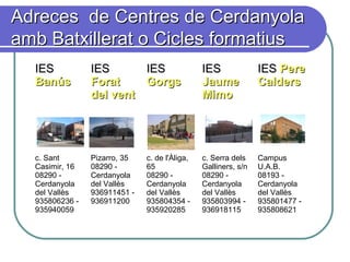 Adreces de Centres de CerdanyolaAdreces de Centres de Cerdanyola
amb Batxillerat o Cicles formatiusamb Batxillerat o Cicles formatius
IESIES
BanúsBanús
IESIES
ForatForat
del ventdel vent
IESIES
GorgsGorgs
IESIES
JaumeJaume
MimoMimo
IESIES PerePere
CaldersCalders
c. Sant
Casimir, 16
08290 -
Cerdanyola
del Vallès
935806236 -
935940059
Pizarro, 35
08290 -
Cerdanyola
del Vallès
936911451 -
936911200
c. de l'Àliga,
65
08290 -
Cerdanyola
del Vallès
935804354 -
935920285
c. Serra dels
Galliners, s/n
08290 -
Cerdanyola
del Vallès
935803994 -
936918115
Campus
U.A.B.
08193 -
Cerdanyola
del Vallès
935801477 -
935808621
 